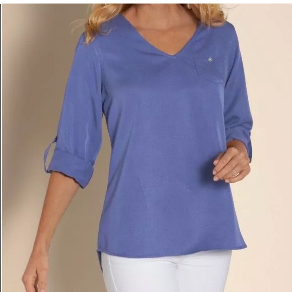 Soft Surroundings Women’s Purple Tencel Roll Tab Sleeves V-neck Tunic Top Size L